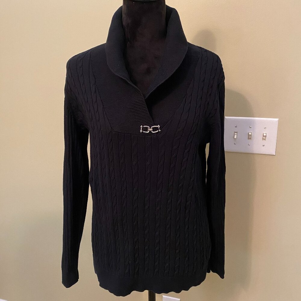 Karen Scott Cable Knit & Ribbed Collared Sweater Silver Accent, Black, Size M.
